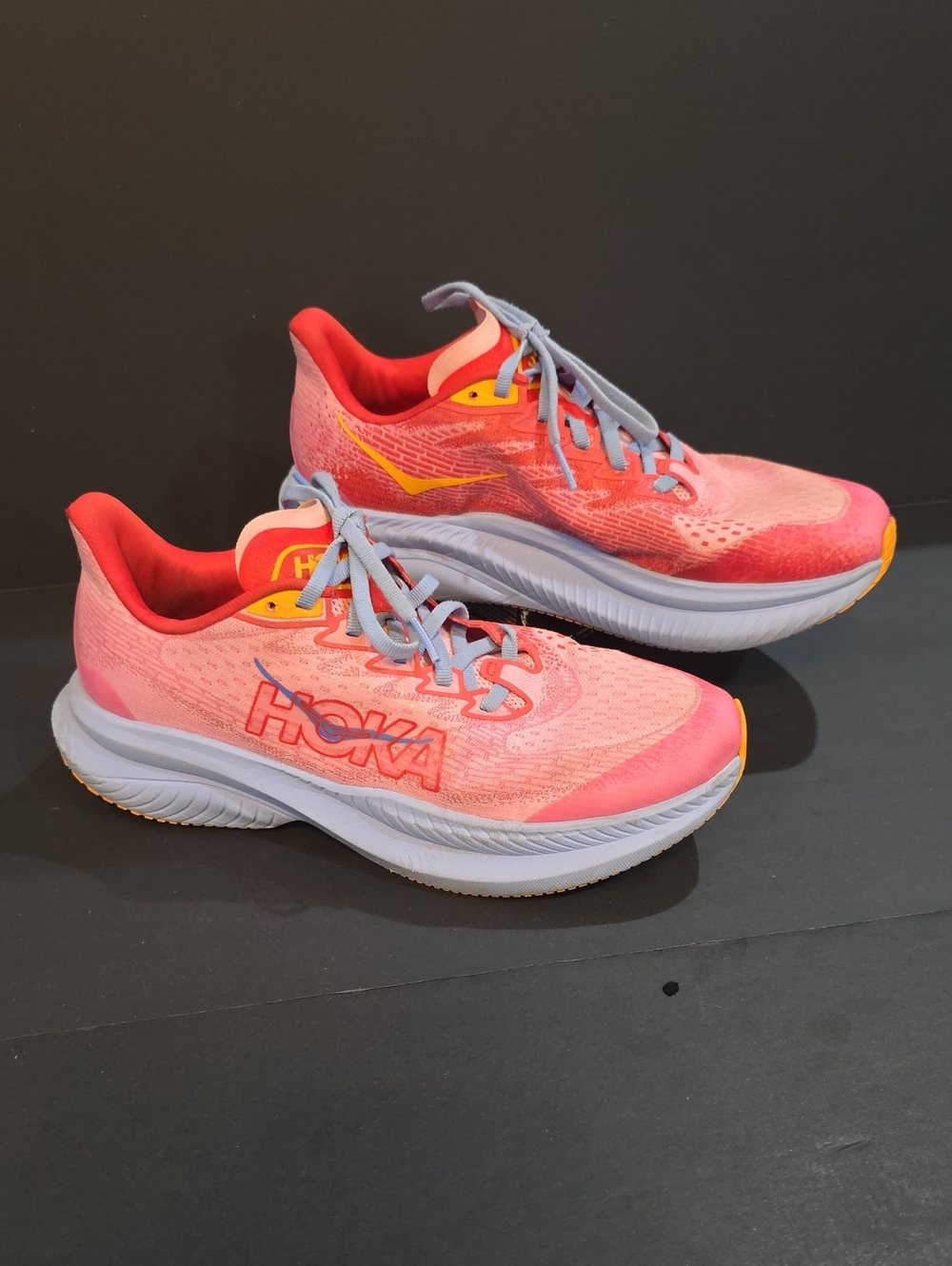 Hoka Mach 6 Women's Pink and Yellow Running Shoes with Light Blue Laces Size 7.5